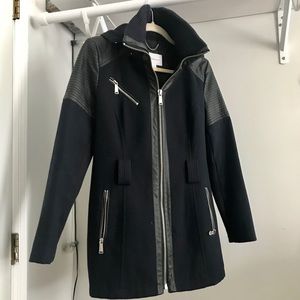 Navy BCBG coat with leather detailing and hood